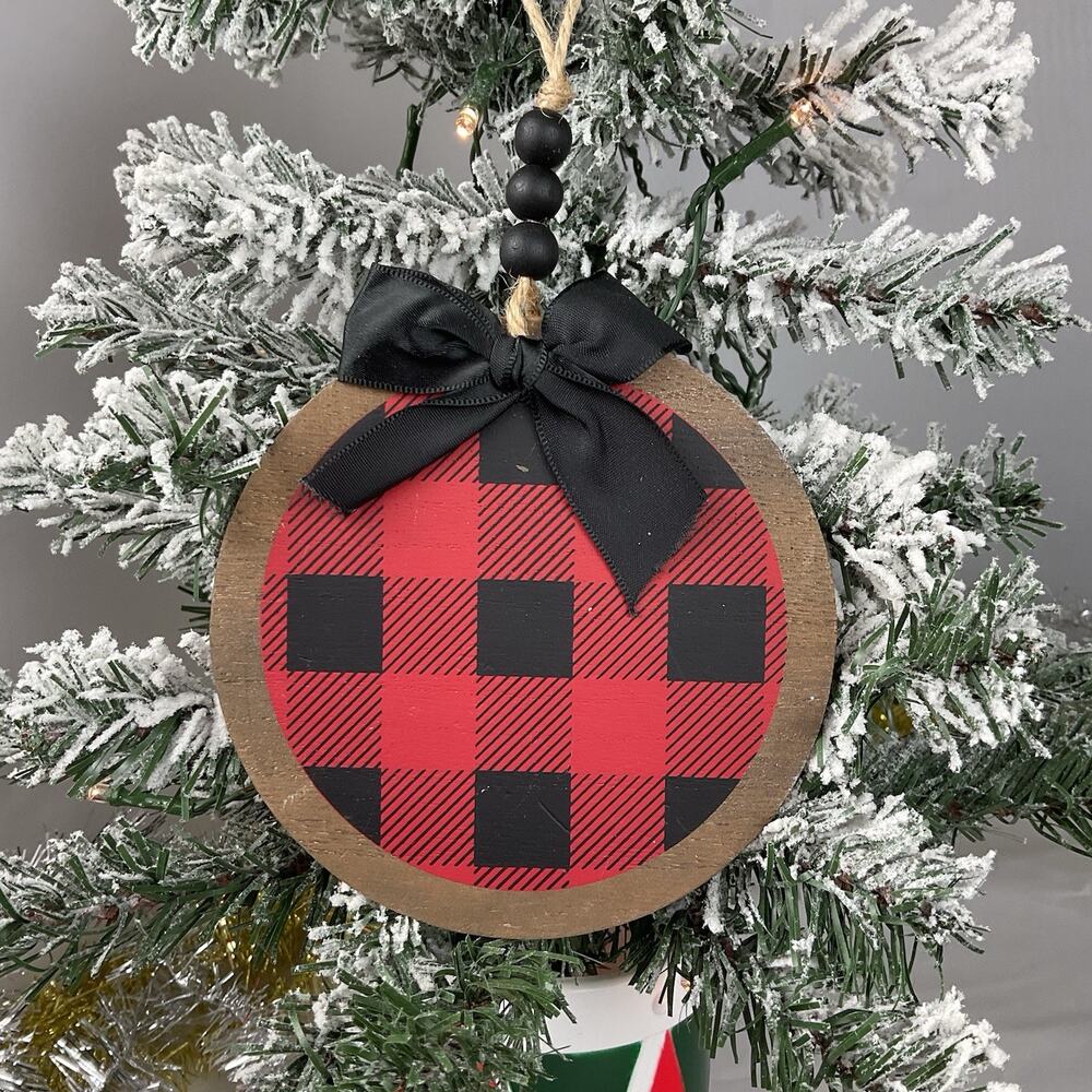 Christmas Tree Ornament-Wooden Red And Black Plaid -Collins Fresh + Original